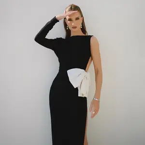 High Quality Backless Long Sleeve Bow Dinner Dress Hollow-out Women Party Dresses Long Evening Elegant