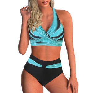 2024 Women's Strap High Waist Two-Piece Swimsuit <b>Set</b> Printed Bandeau <b>Bikinis</b> with Striped Pattern OEM Service Available - Product Image 3