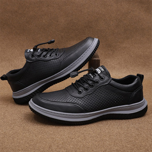 Chaussures bateau pour hommes en cuir respirant à lacets, bout rond, couleur unie, semelle intermédiaire en EVA, semelle extérieure en caoutchouc, style décontracté - Product Image 1