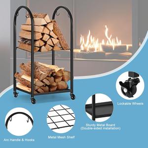 Support à bois mobile en métal <span class=keywords><strong>avec</strong></span> roues et 4 crochets – Organisateur de rangement pour bûches intérieur/extérieur pour cheminée/patio/brasero – Noir, écologique, moderne - Product Image 4