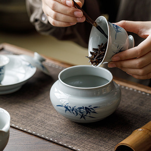 Hand Painted Blue Bamboo <b>Tea</b> Dregs Jar Ceramic Water Bowl For <b>Tea</b> <b>Set</b> Dehua Porcelain 120ml - Product Image 1