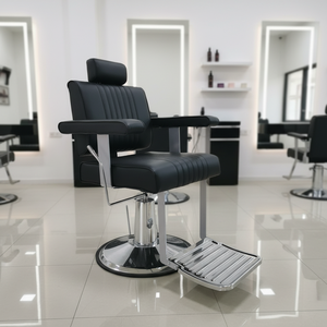 Fauteuil de barbier hydraulique moderne avec revêtement en cuir PU beige et base noire mate pour salon - Product Image 1