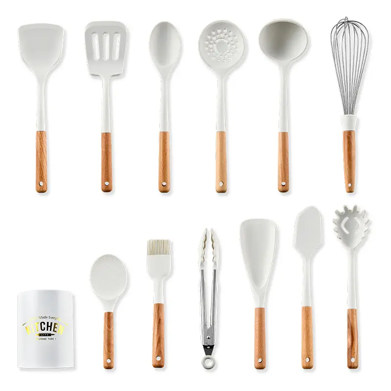 2024 utensili da cucina in legno bianco manico in Silicone Set 12 pezzi Non stick pentola cucchiaio da cucina in Silicone Set stoviglie