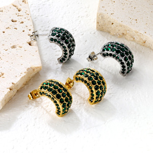 ต่างหูรูปตัว C สีเขียว CZ ไมโครเพฟ 18K สแตนเลสสตีล เครื่องประดับแฟชั่นสำหรับผู้หญิง - Product Image 1