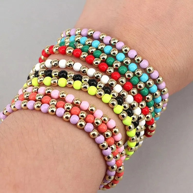 Boho DIY Handwork Beach Jewelry Sweet Stacking 4mm Gold Filled Rainbow Enamel Bead Stretch Friendship Bracelet For Women