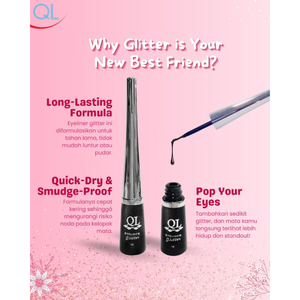 QL อายไลเนอร์กลิตเตอร์สีดำ ปากกาเขียนขอบตาแบบกันน้ำที่ได้รับการรับรองฮาลาล ให้สีดำเข้มข้นพร้อมประกายกลิตเตอร์ - Product Image 3