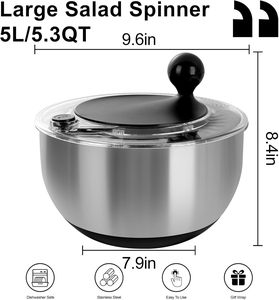 Essoreuse à salade en acier inoxydable écologique personnalisable avec poignée, capacité 5,0 L, compatible lave-vaisselle, outil manuel pour légumes, ustensiles à salade - Product Image 3