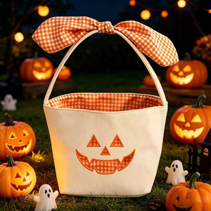 Cesta de lona a cuadros de gran venta para decoración de Halloween, con diseño de cara de calabaza divertida y para dulces - Product Image 6