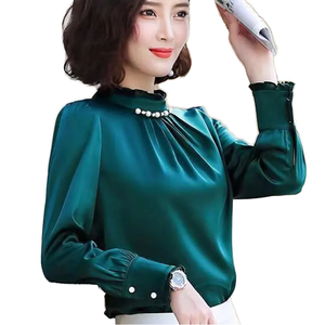 Blusa Casual de Oficina para Mujer, Elegante y Sencilla, de Manga Larga, Tejida, Satinada, con Cuentas, Volantes y Cuello Alto, para Primavera - Product Image 1