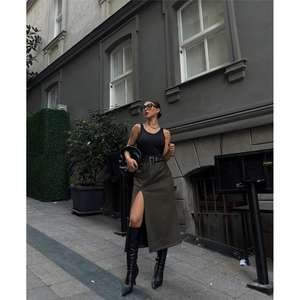 Khaki Suede <b>Pencil</b> <b>Skirt</b> with Slit Detail Modern Formal Straight Leather Spandex <b>Plus</b> <b>Size</b> XS Embroidered - Product Image 5