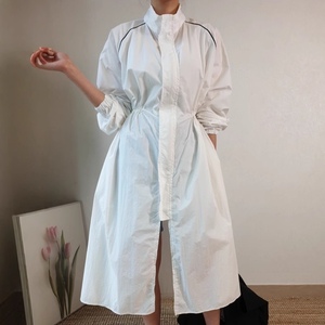 Para Sehe moda mujer cuello alto suelto cintura alta vestido hasta la rodilla Split gabardina estilo liso teñido cintura Natural - Product Image 4