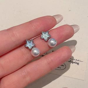 S925 Pure Silver <b>Light</b> Luxury <b>Star</b> Pearl Earrings for Women High-End Niche Design Fashionable Blue Color - Product Image 2