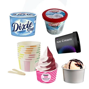 Food grade recycled disposable packaging icecream tub tube custom printed 3oz 5oz 8oz ice cream paper cups with lid