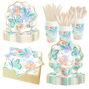 DAMAI Butterfly Party Tableware Bug Birthday Party Supplies Set Plates Napkins Cup Tableware Kit for 8 Guests - Product Image 1