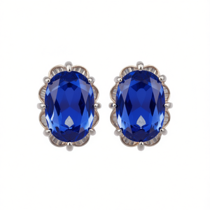 Orecchini a lobo ovali blu zaffiro E4626 con montatura a griffe in oro bianco, gioielli classici da donna - Product Image 1