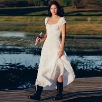 Robe midi blanche unie respirante avec cordon de serrage, col carré, manches bouffantes, coupe trapèze, style vacances à la française, ODM, de niche australienne