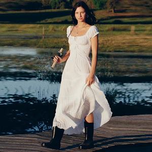 Vestido Midi Australiano Blanco de Estilo Francés con Cuello Cuadrado, Manga Abullonada, Línea A, Transpirable y con Cordón Ajustable, Ideal para Vacaciones, ODM - Product Image 2