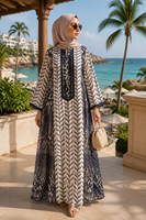 Robe longue ample en polyester à imprimé géométrique, broderie à la main et sequins, pour femme, idéale pour les rassemblements, le quotidien, le Ramadan, l'Aïd, Abaya ODM