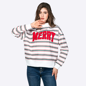 Custom <strong>Women's</strong> MERRY Letter Applique Embroidery Striped Mock Neck Long Sleeve Loose <strong>Christmas</strong> Pullover <strong>Sweatshirt</strong> Manufacturer - Product Image 4