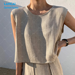 Lancai Ensemble d'été en <span class=keywords><strong>lin</strong></span> deux pièces personnalisé pour femmes avec haut sans manches et pantalon décontracté taille haute Costume élégant - Product Image 3