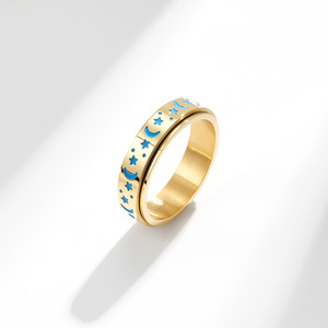 Stress Stainless Steel Moon Star Double Layers <strong>Ring</strong> Fidget <strong>Spinner</strong> Rotate Freely <strong>Anxiety</strong> Control Luminous Gold Plated Hip Hop - Product Image 3