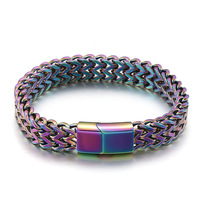 Bracelet cubain multi-couleurs double rang en acier inoxydable poli, chaîne de quille tressée double rangée avec fermoir magnétique pour homme