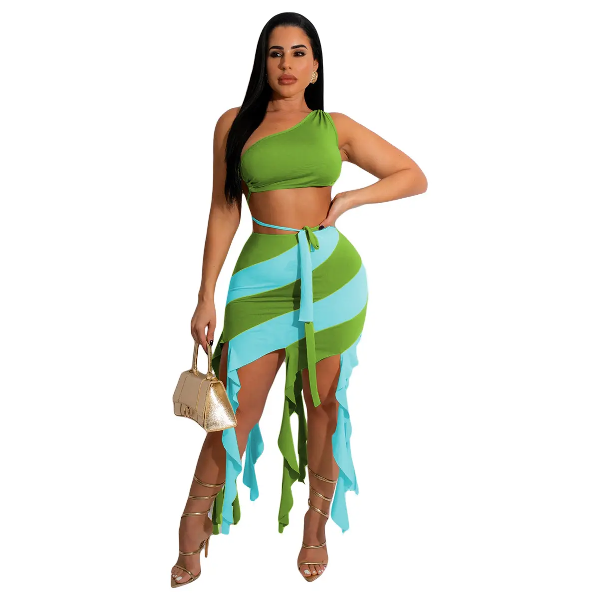 Fashion Beach Women's Set Tassel Striped Midi Skirt Suit and One Shoulder Crop Top 2023 Sexy Party Outfit Two 2Piece Set