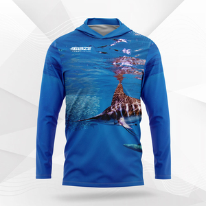 Chemises de pêche pour hommes sur mesure en gros, 100% polyester, <span class=keywords><strong>anti</strong></span>-<span class=keywords><strong>UV</strong></span> UPF50+, à manches longues, avec capuche - Product Image 1