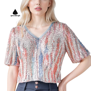 T-<span class=keywords><strong>shirt</strong></span> à manches courtes pour <span class=keywords><strong>femme</strong></span>, style vintage, avec franges et paillettes, tendance printemps, personnalisable - Product Image 1