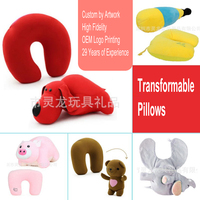 Oreiller de voyage multifonctionnel transformable en peluche douce 2-en-1, coussin convertible pour le bureau, la sieste, la voiture, l'avion