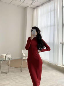 Français rétro Sexy coupe ajustée col rond corps-étreinte Base robe tricotée pour les femmes jupe longue passant genou automne hiver 2024 - Product Image 6