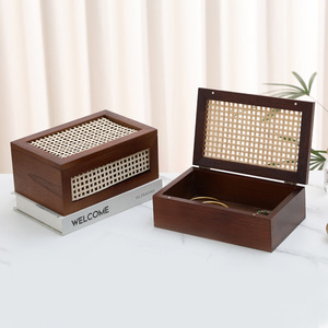 Solid Wood Storage <b>Box</b> Rattan Lattice Top Jewelry Organizer Desktop Storage Black Walnut Color 18L Capacity - Product Image 1