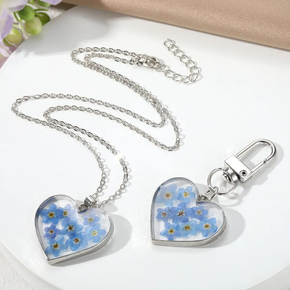 Portachiavi collana pendente a forma di cuore fiore secco blu FanYue