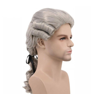 Perruque de costume baroque bouclée grise, blanche et noire pour homme, <span class=keywords><strong>avocat</strong></span>, juge - Perruque synthétique longue de luxe pour <span class=keywords><strong>adulte</strong></span>, Halloween, cosplay - Product Image 1