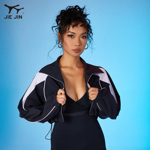Jiejin bán buôn Chất lượng cao Phụ nữ đau khổ phòng tập thể dục Yoga Zip Up Crop Áo Gió Áo khoác hàng đầu với túi - Product Image 2