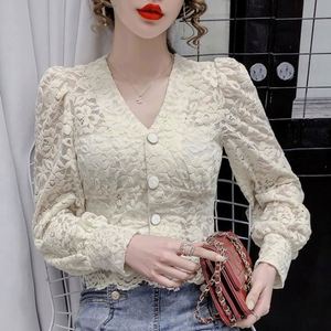 เสื้อลูกไม้<span class=keywords><strong>2022</strong></span>ผู้หญิงสีทึบแขนยาวพองคอวีแบบฝรั่งเศสมีกระดุมเสื้อตาข่ายโปร่งใสเสื้อลำลอง - Product Image 2