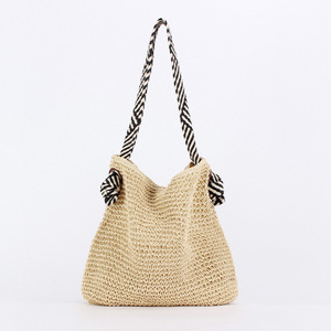 กระเป๋าสะพายไหล่แบบพับได้ลายทางสไตล์กองทัพเรือเกาหลี ทำจากเชือกกระดาษถัก พร้อมหัวเข็มขัดแม่เหล็ก เหมาะสำหรับวันหยุดพักผ่อนริมชายหาด - Product Image 6