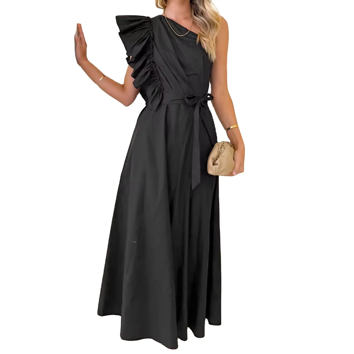 C Vêtements Nouveau Style Une Épaule À Volants Bords Maxi Élégant Noir Robe De Soirée Pour Fille