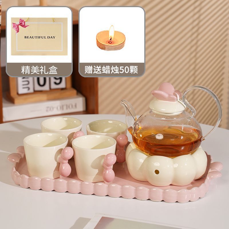 Ensemble théière fleur papillon 50 bougies offert - coffret cadeau - rose