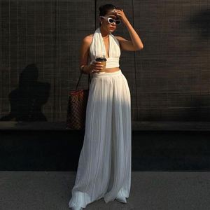 Dropshipping minimalista Plisse top a <span class=keywords><strong>vita</strong></span> alta <span class=keywords><strong>pantaloni</strong></span> da donna alla moda <span class=keywords><strong>pantaloni</strong></span> a pieghe bianchi set abbinati - Product Image 1