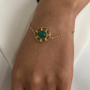 Stainless Steel Malachite Agate <b>Bracelet</b> <b>Flower</b> Shape Bezel Setting Gift Jewelry - Product Image 2