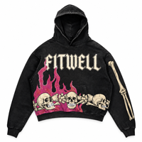 Sweat à capuche oversize personnalisé délavé à l'acide avec motif tête de mort et flammes en strass, style streetwear, pour marques de mode en marque blanche