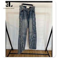 LARSUR kustom pabrik 3D bordir quilt patch biker kargo jeans distress wash lurus timbul padded moto biker denim celana