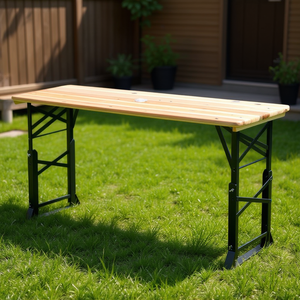 Outdoor Wood <b>Folding</b> Picnic <b>Table</b> 66.5 Inch <b>Adjustable</b> <b>Height</b> Steel Frame Pine Rustic Design - Product Image 2