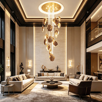 Lustre en verre à feuilles d'or de luxe, luminaire suspendu personnalisé pour villa, escalier en colimaçon, hall à plafond haut