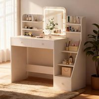 Table de toilette moderne gain de place avec miroir LED, étagère de rangement à 5 niveaux, 3 tiroirs et grand organisateur de maquillage