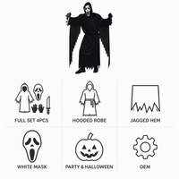 Robe noire à capuche avec masque style Scream blanc, taille unique adulte, ensemble Halloween à bords effilochés avec gants et couteau d'accessoire