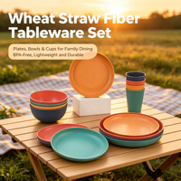 Ensemble de vaisselle réutilisable sans BPA en fibre de paille de blé, assiettes, bols, tasses pour la maison, le camping, la cuisine, la table