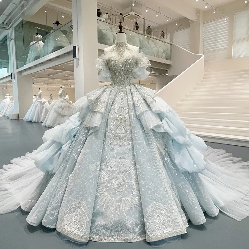 2023 vestidos de novia de lujo hechos a mano con cuentas de Alta Calidad vestidos de novia de tela de encaje con cuentas azul bebé GT003