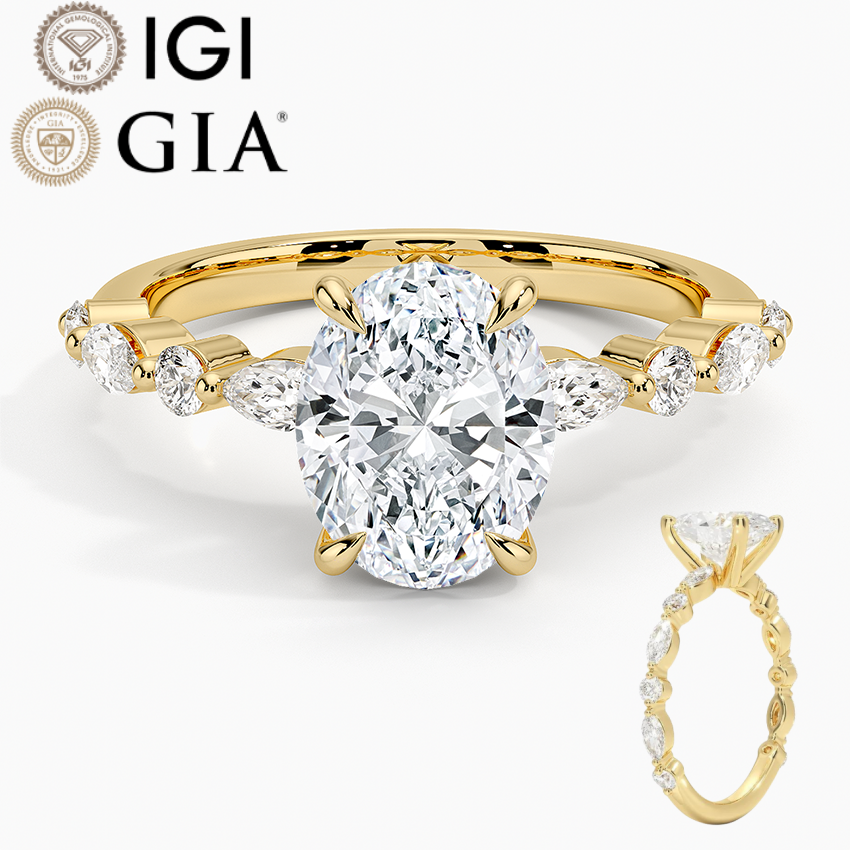 Individueller Gia Igi zertifizierter Cvd Labor angewachsener geschaffener Diamant Echt Gold oval geschnittener Verlobungsring 1 2 3 Ct Karat 2 Ct Schmuck für Damen